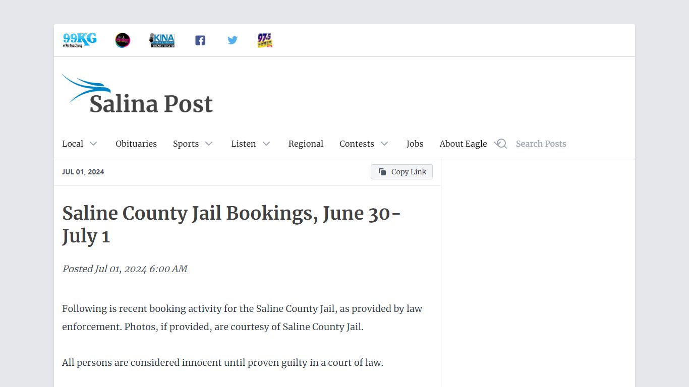 Saline County Jail Bookings, June 30-July 1 - Salina Post